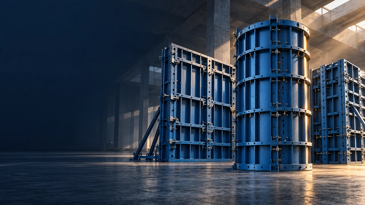 Brand concept featuring blue steel formwork and column molds, AI-generated illustration