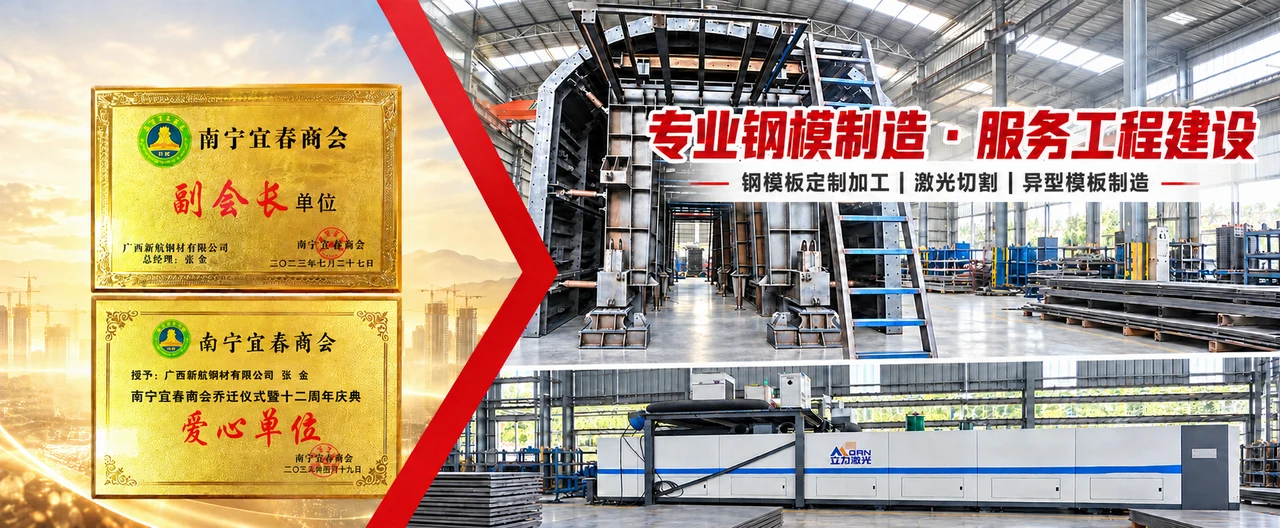 新航钢模宣传合成图：红色斜切分区，左侧商会副会长单位和爱心单位牌匾，右侧异型模板及激光切割设备；AI辅助合成。